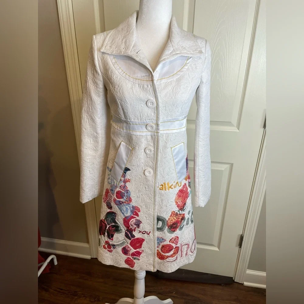 Desigual Embroidered trench coat with Colorful Graphic Design small - Picture 1 of 16